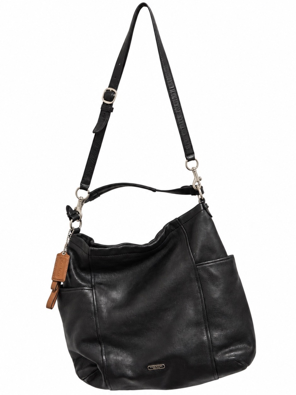 Coach Black Leather Shoulder Hobo Bag with Tan Tag